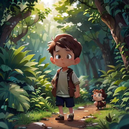 a boy standing in the middle of a forest with a stuffed animal next to him and a dog on the other side of the path
