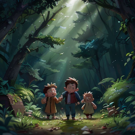 a group of people standing in the middle of a forest with a light shining on them and a bear