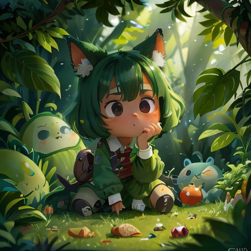 a girl sitting in the middle of a forest with a bunch of plants and plants around her, with a cat on her head