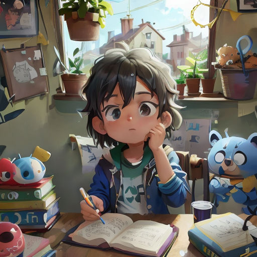 a girl sitting at a table with a book and pen in front of her face and a teddy bear