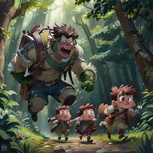 a group of cartoon characters in the woods with a man in the middle of them and a woman in the middle of the forest