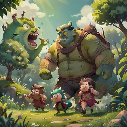 a group of cartoon characters in a forest with a monster and other animals in the background, with a sky background