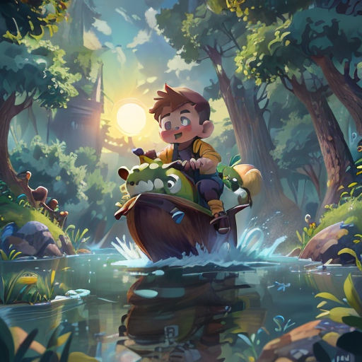 a boy is riding on a boat in the water in a forest with trees and rocks, and a sun shining behind him