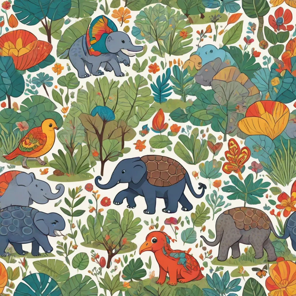 a pattern of elephants and birds in a jungle setting with leaves and flowers on a white background with a bird on top of the elephant, maximalism, a storybook illustration, Chris LaBrooy, jungle