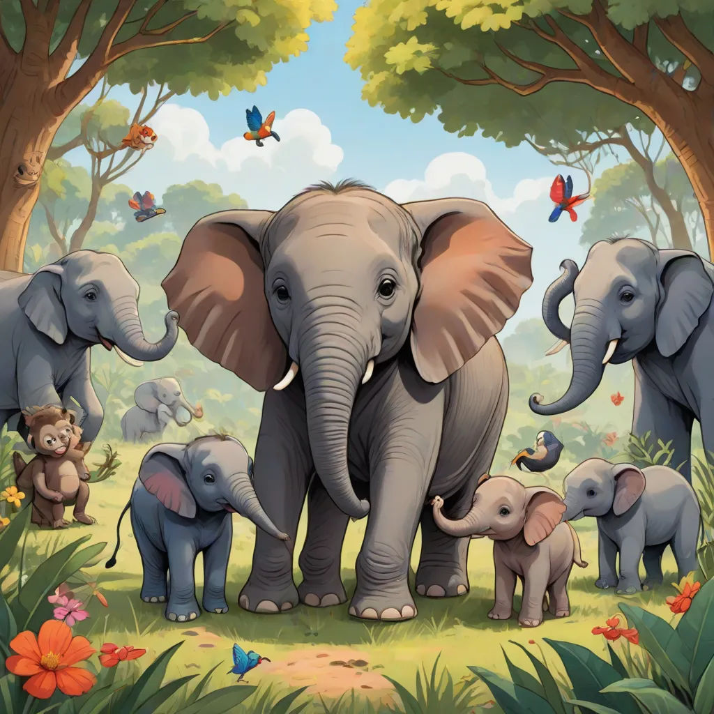 a group of elephants standing in a forest with a baby elephant in the foreground and a baby elephant in the background, sumatraism, a storybook illustration, Chris LaBrooy, storybook illustration
