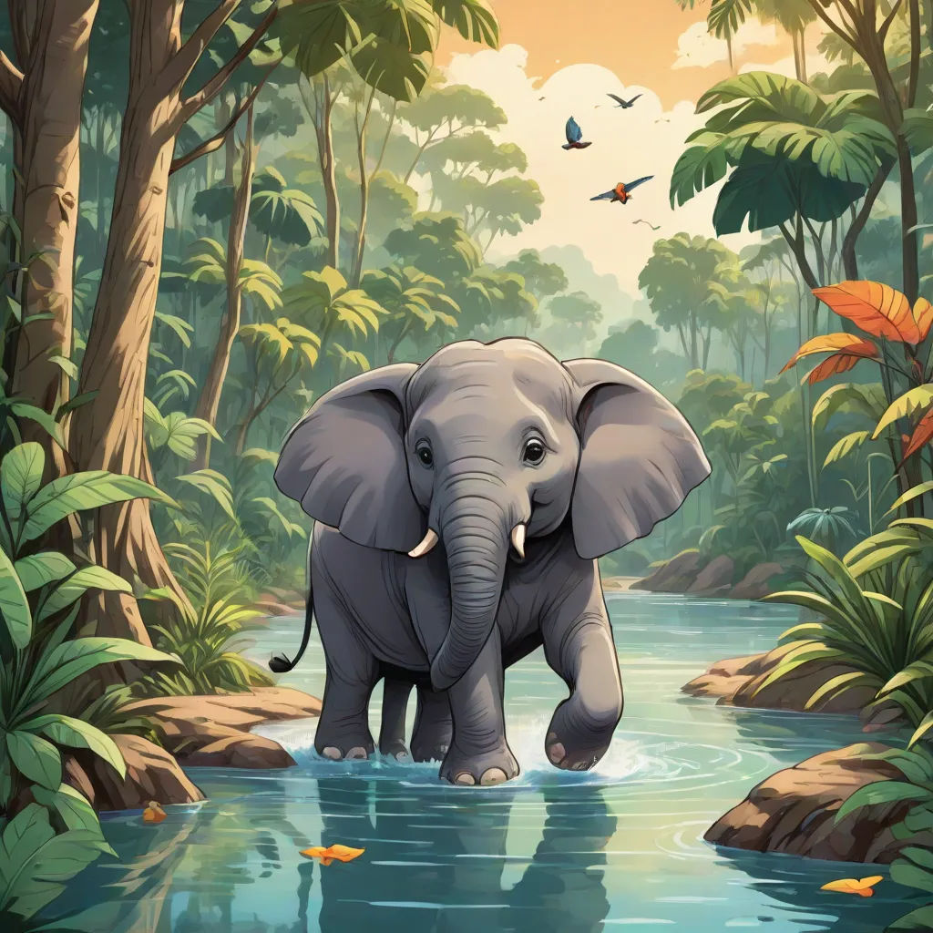 an elephant is walking through a river in the jungle with birds flying overhead and a bird flying above it, sumatraism, a storybook illustration, Chris LaBrooy, jungle