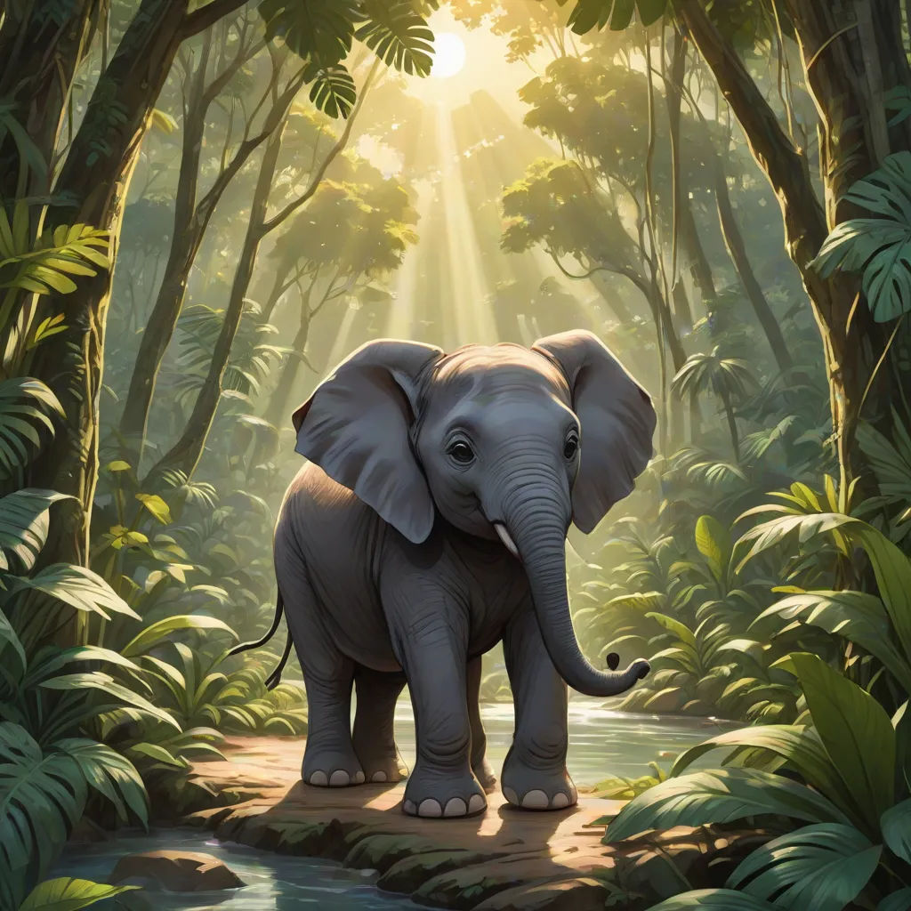 an elephant standing in the middle of a jungle with sunlight streaming through the trees and water behind it,, sumatraism, a storybook illustration, Chris LaBrooy, jungle