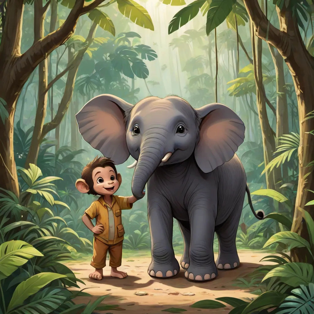 a boy standing next to an elephant in a jungle with a forest background and sunlight shining through the trees, sots art, a storybook illustration, Alex Petruk APe, promotional image