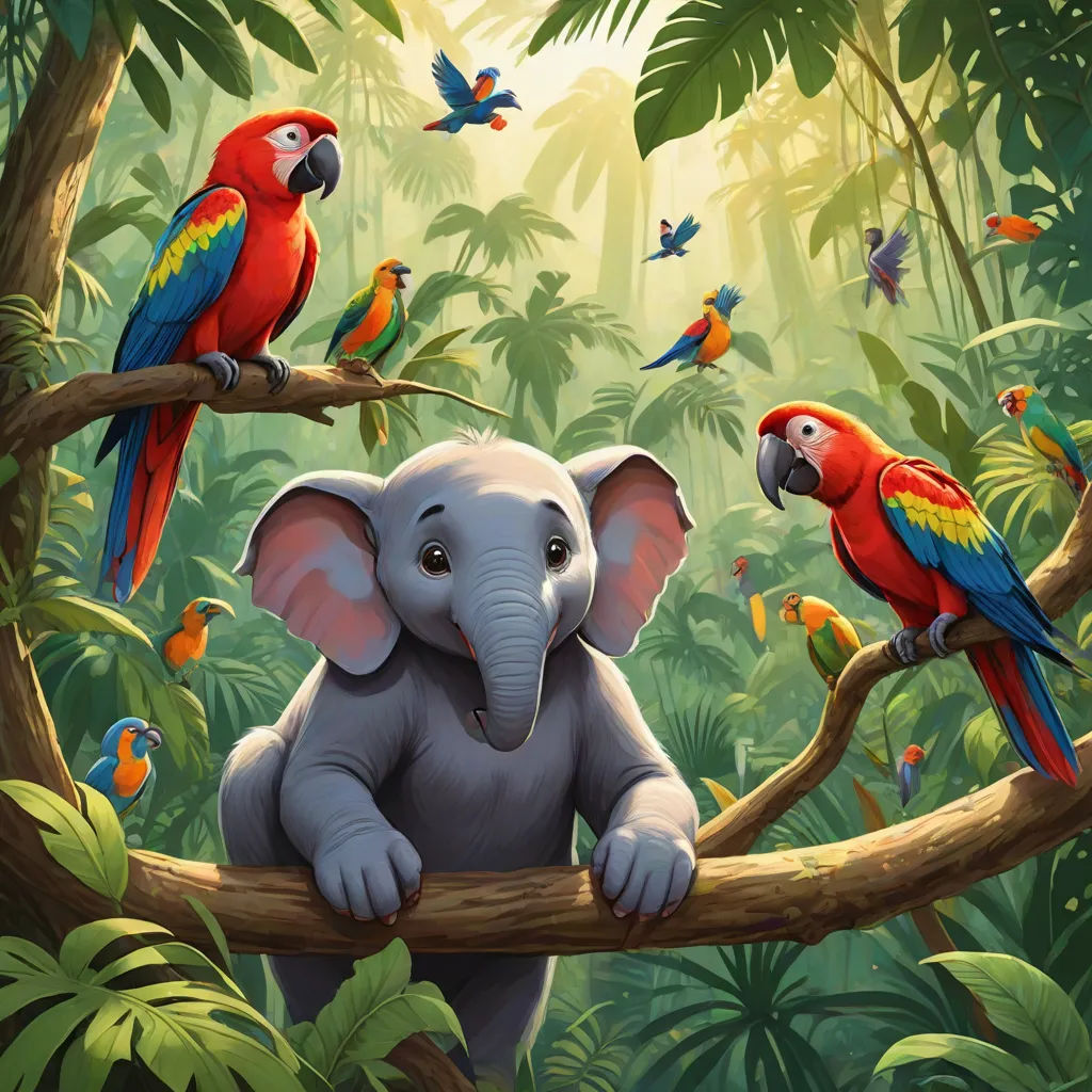 a painting of a baby elephant sitting on a branch with birds around it and a parrot on the branch, fantasy art, a storybook illustration, Chris LaBrooy, highly detailed digital painting