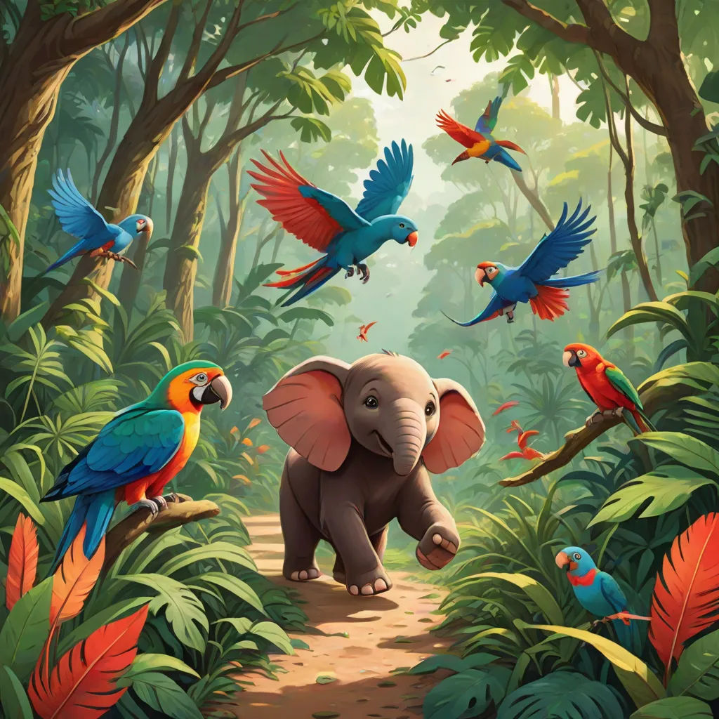 a painting of a jungle with birds and an elephant in the foreground and a parrot in the background, fantasy art, a storybook illustration, Chris LaBrooy, official art