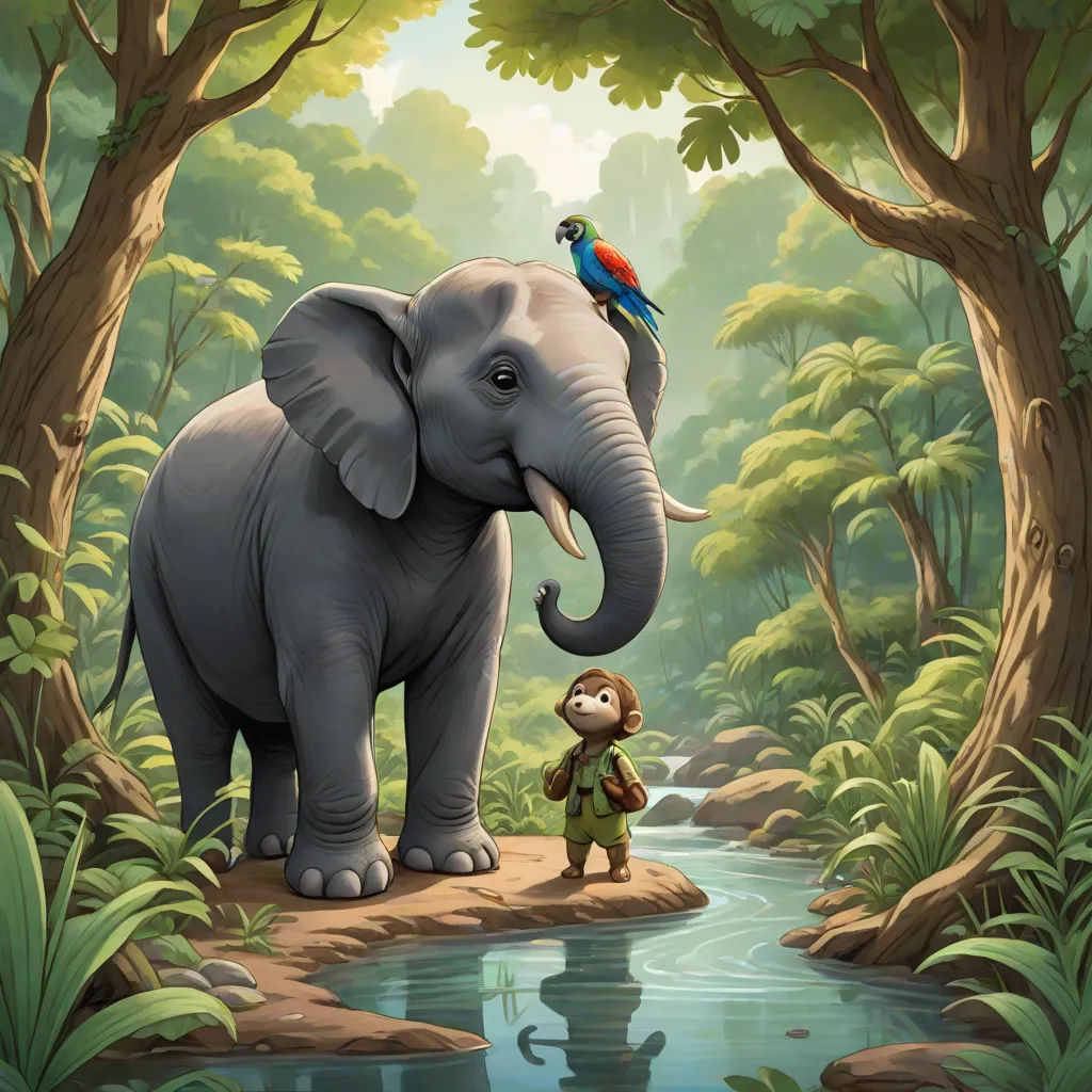 a painting of an elephant and a boy in a jungle with a bird on his back and a river running through it, fantasy art, a storybook illustration, Chris LaBrooy, storybook illustration