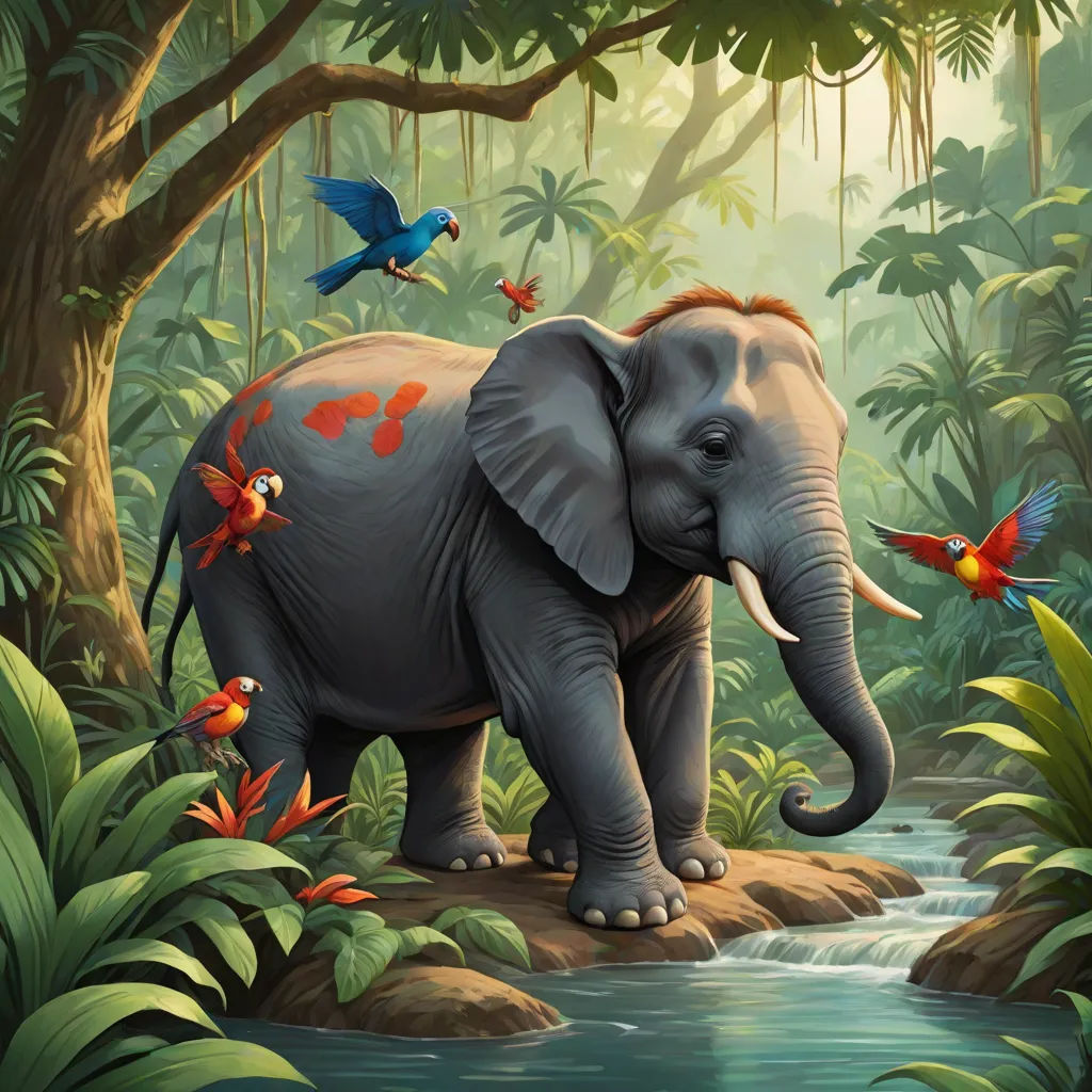 a painting of an elephant in a jungle with birds and a stream of water in front of it and a bird flying above it, magic realism, a storybook illustration, Chris LaBrooy, highly detailed digital painting