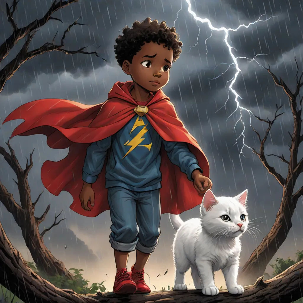a boy in a red cape and a white cat in a forest with a lightning bolt in the background, Everett Warner, afrofuturism, poster art, comic cover art