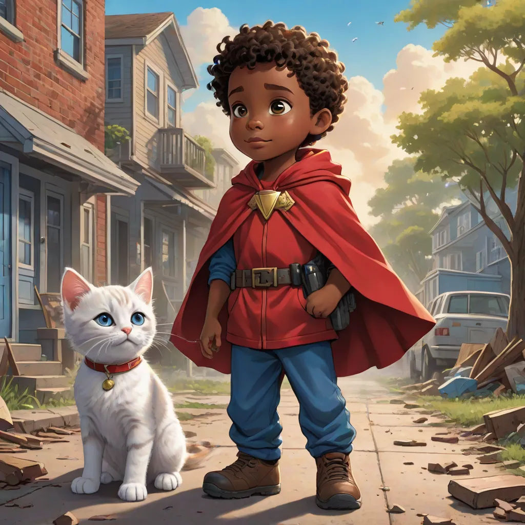 a young boy dressed as a superhero standing next to a cat on a sidewalk in front of a house, Chris LaBrooy, sots art, concept art, key art