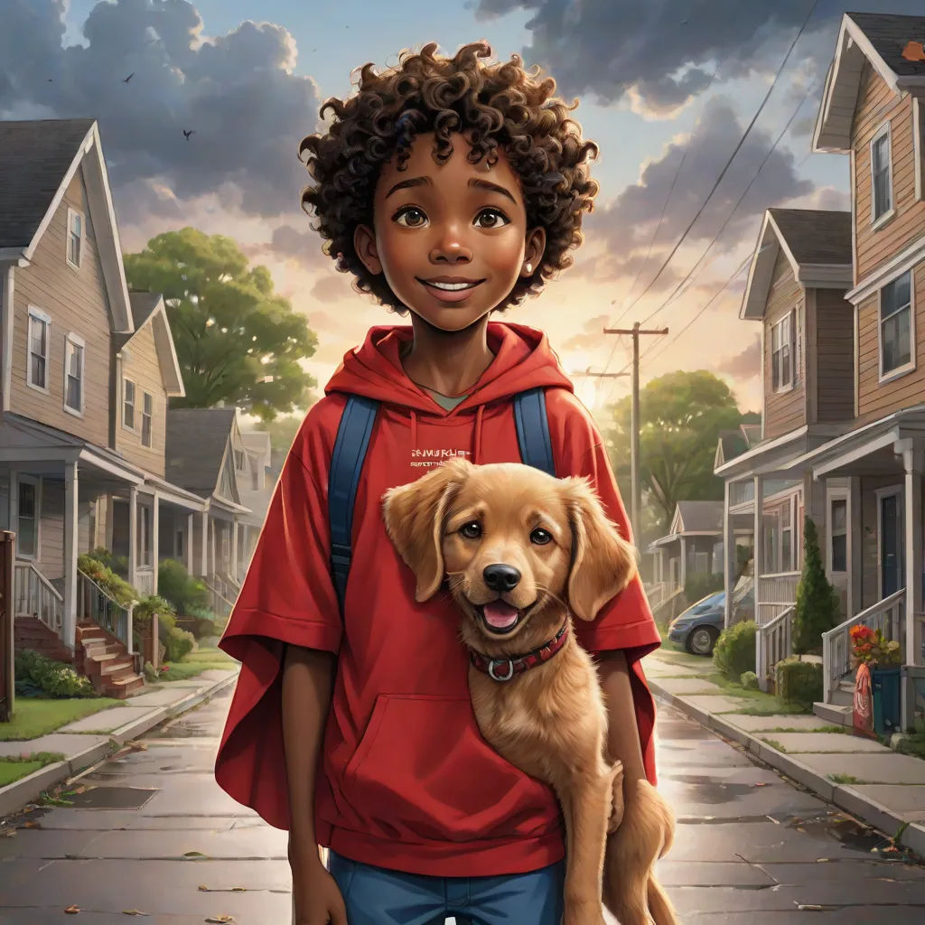 a boy with a dog in a cartoon picture with a sky background and houses in the background, and a street with houses, Felix-Kelly, american scene painting, poster art, key art