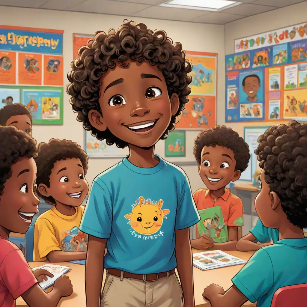 a cartoon of a boy standing in front of a group of children in a classroom with a teacher smiling, Everett Warner, afrofuturism, a storybook illustration, official art