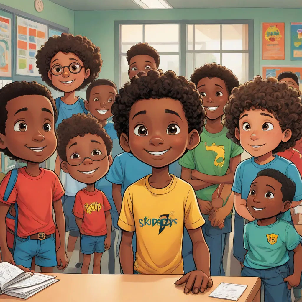 a group of children standing around a desk in a classroom with a teacher in the background and a book on the table, Chris LaBrooy, afrofuturism, a storybook illustration, official art