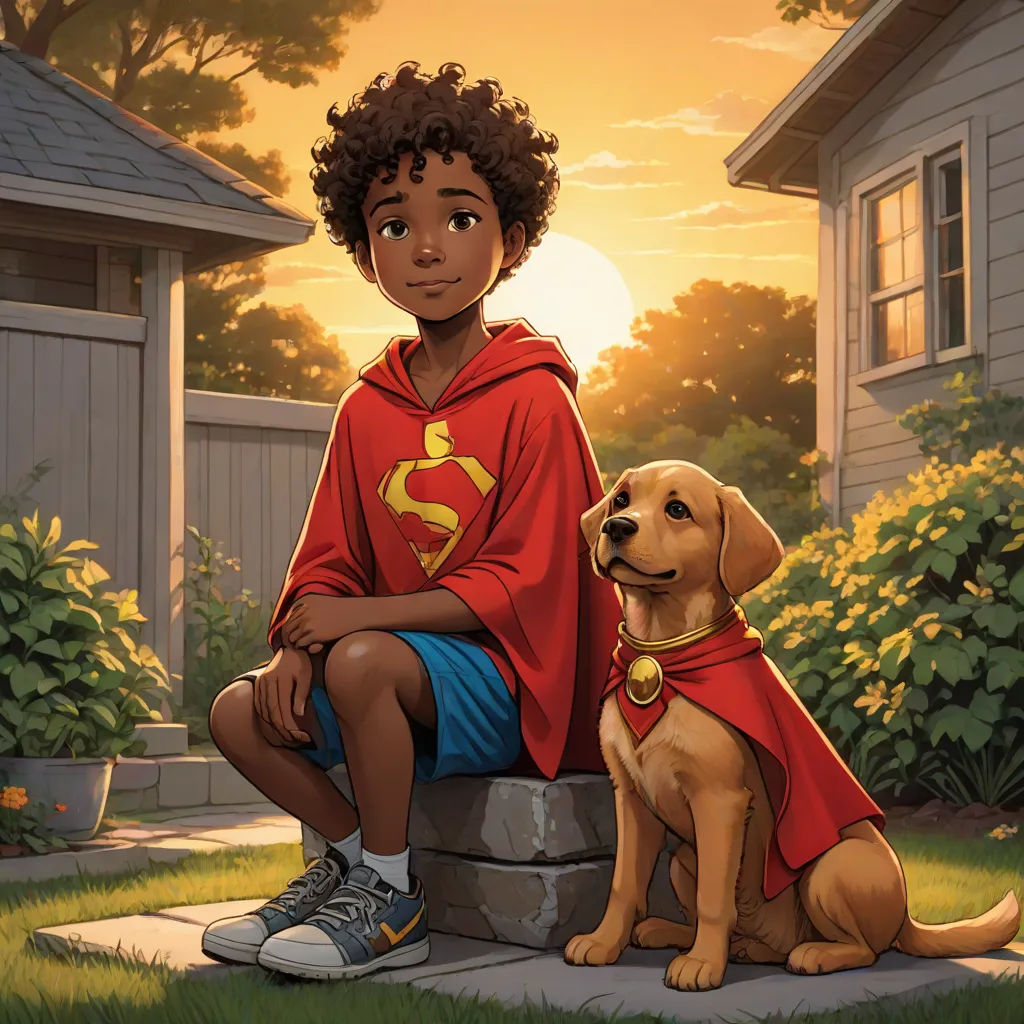 a boy in a red cape sitting next to a dog on a rock in front of a house with a sunset behind him, Aaron Jasinski, serial art, a comic book panel, comic cover art