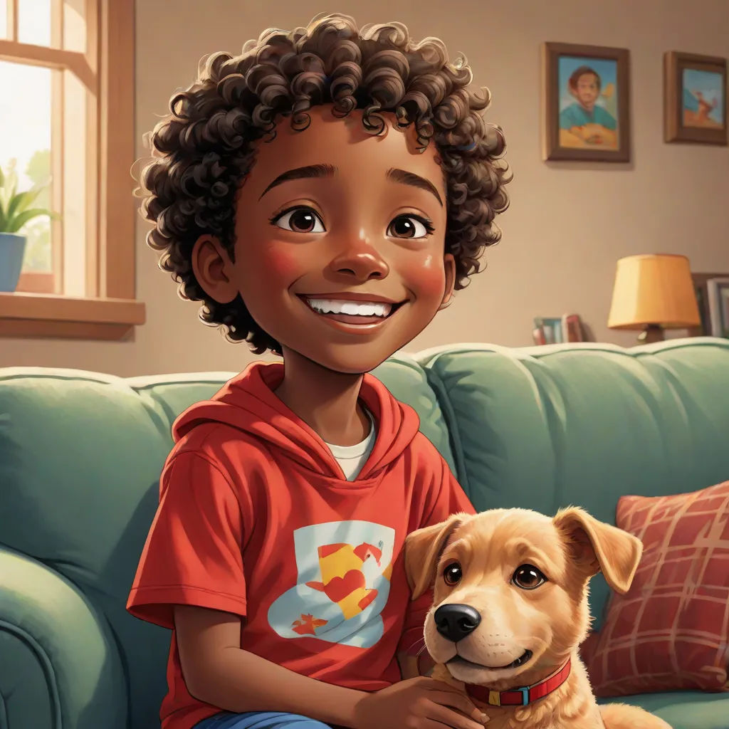 a boy sitting on a couch with a dog in his lap and smiling at the camera, with a dog in his lap, Chris LaBrooy, american scene painting, a storybook illustration, official art