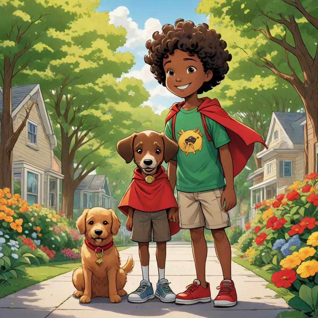 a boy and a dog standing on a sidewalk in front of a house with flowers and trees in the background, Felix-Kelly, american scene painting, a storybook illustration, comic cover art