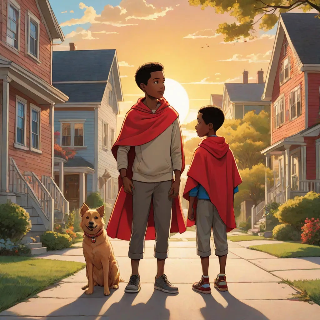 a man and a boy standing on a sidewalk with a dog in front of them and a sunset in the background, Everett Warner, magical realism, a storybook illustration, comic cover art