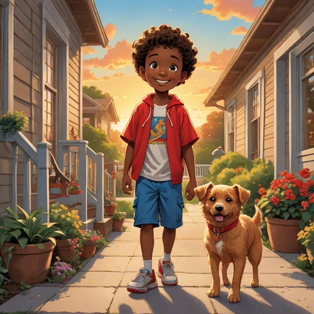 a boy and his dog are standing in front of a house with a sunset in the background and a dog standing on the sidewalk, Chris LaBrooy, american scene painting, poster art, key art