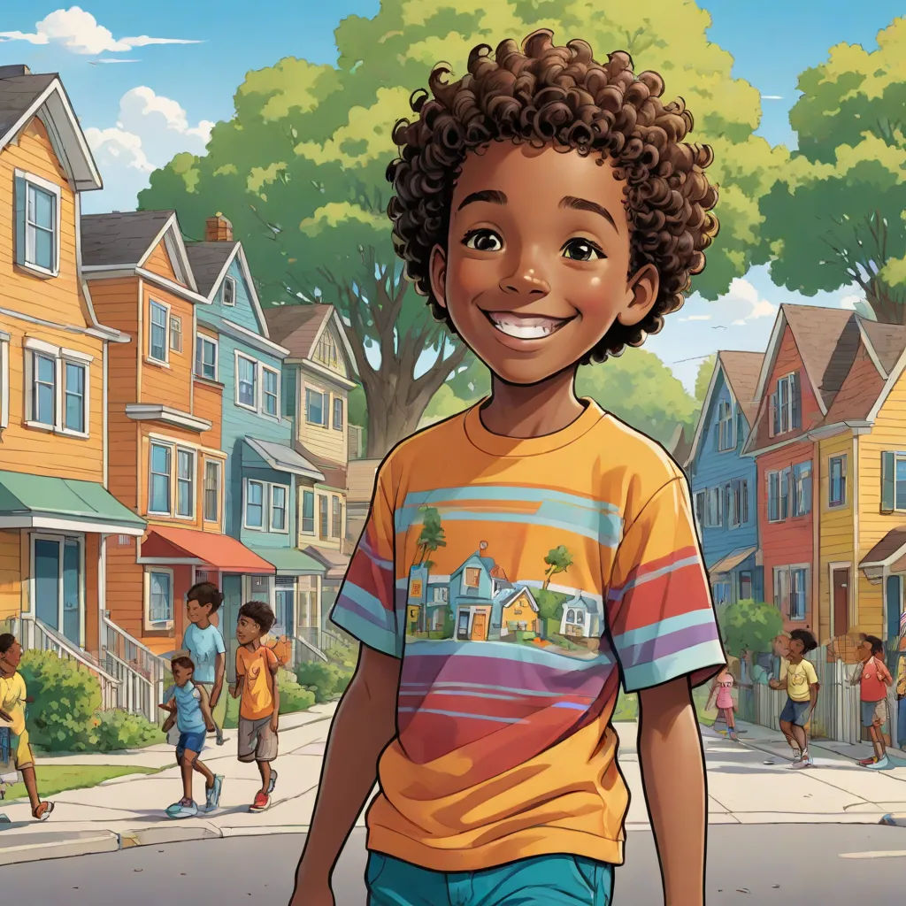 a cartoon of a boy standing in the street with a group of people in the background and a house on the street, Chris LaBrooy, american scene painting, a storybook illustration, comic cover art