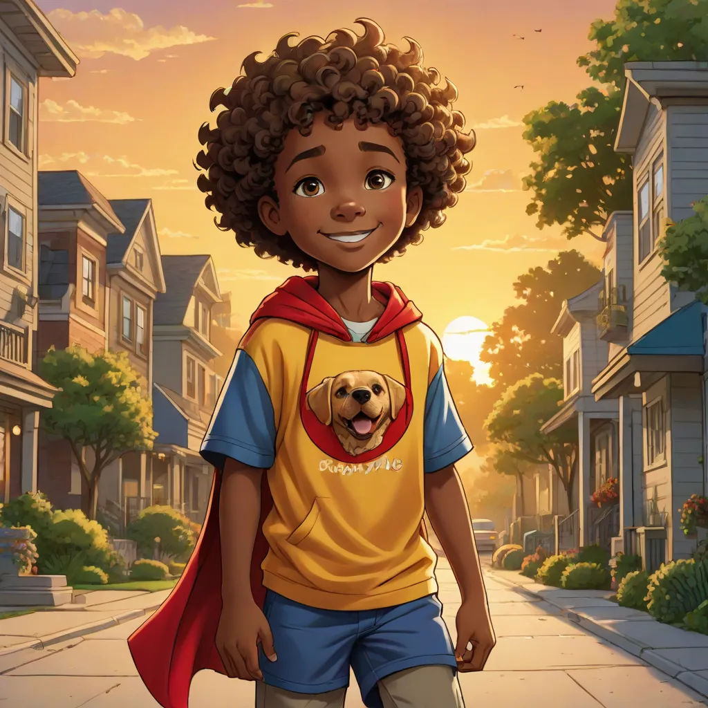 a young boy in a yellow shirt and blue shorts is walking down a street with a dog in his shirt, Altichiero, harlem renaissance, a comic book panel, comic cover art