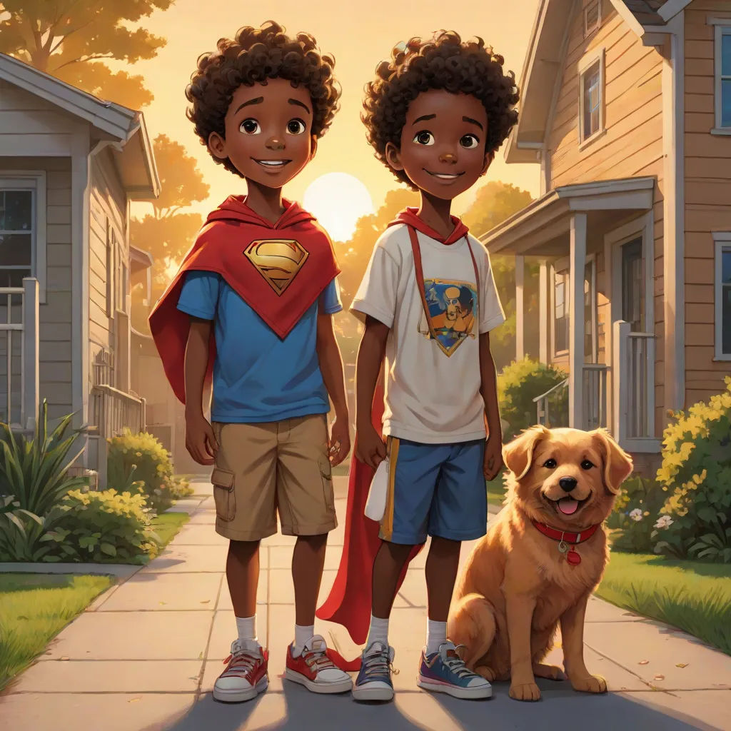 a boy and a girl standing next to a dog on a sidewalk in front of a house with a dog, Altichiero, harlem renaissance, a comic book panel, comic cover art