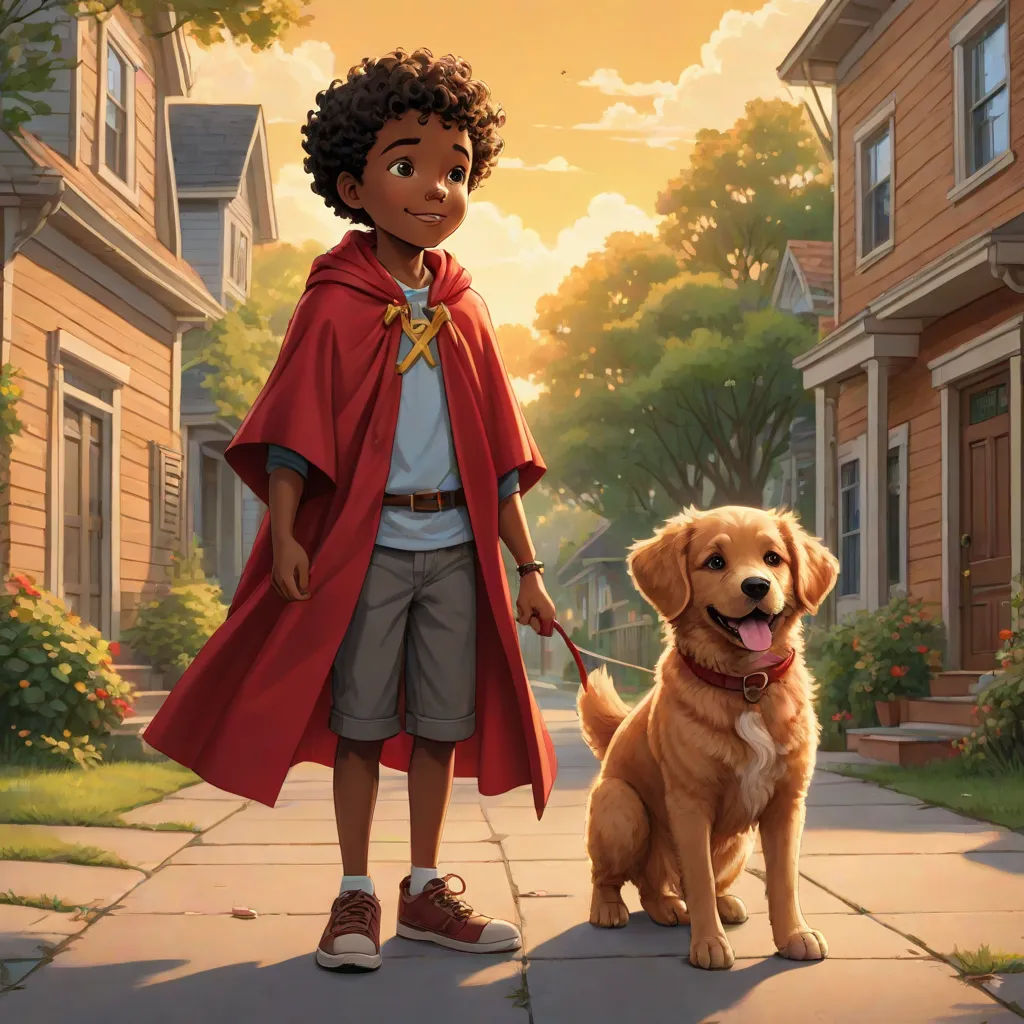 a boy in a cape and a dog on a leash on a sidewalk in front of a house with a sunset, Chris LaBrooy, american scene painting, a storybook illustration, key art