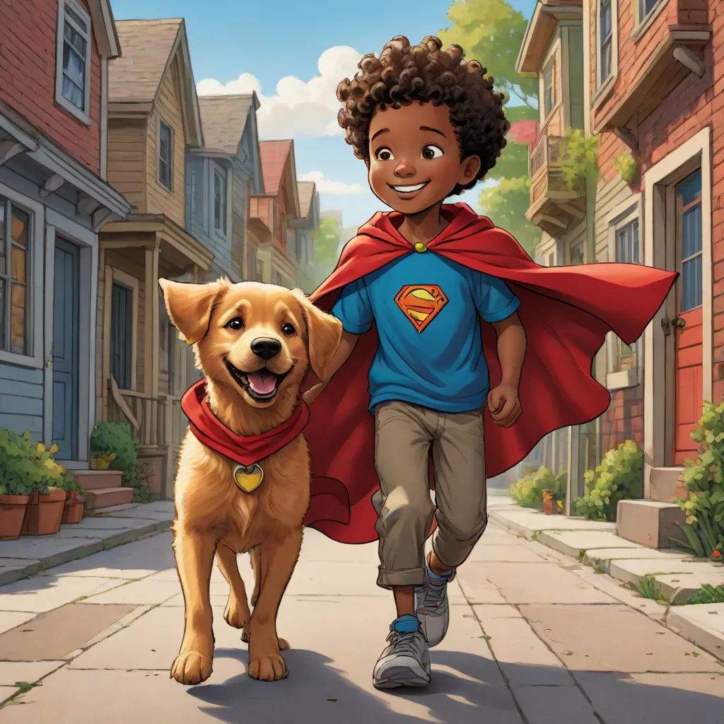 a boy in a superman cape walking a dog down a street with houses in the background and a dog on the sidewalk, Chris LaBrooy, american scene painting, a comic book panel, comic cover art