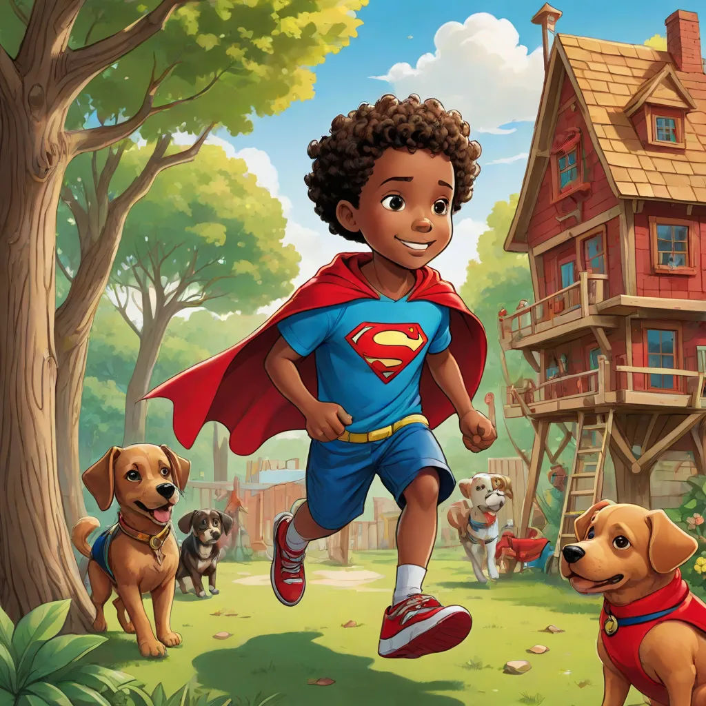 a boy running with his dogs in the park near a house and treehouse with a dog on the other side, Everett Warner, american scene painting, a storybook illustration, comic cover art