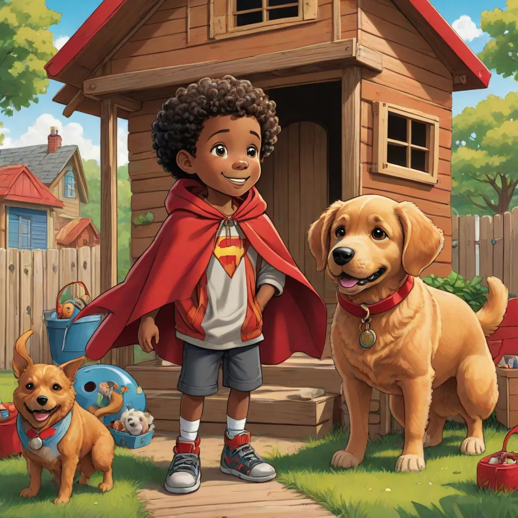 a boy in a cape standing next to a dog and a house with a dog on the lawn and a dog on the ground, Chris LaBrooy, american scene painting, a storybook illustration, promotional image