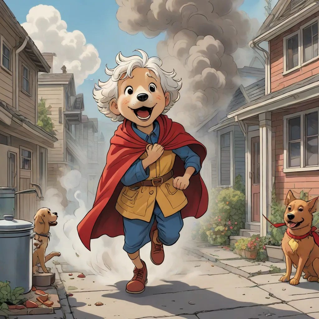 a cartoon dog is walking down a street with a man in a cape and a dog is on the sidewalk, Cliff Childs, furry art, a storybook illustration, official art