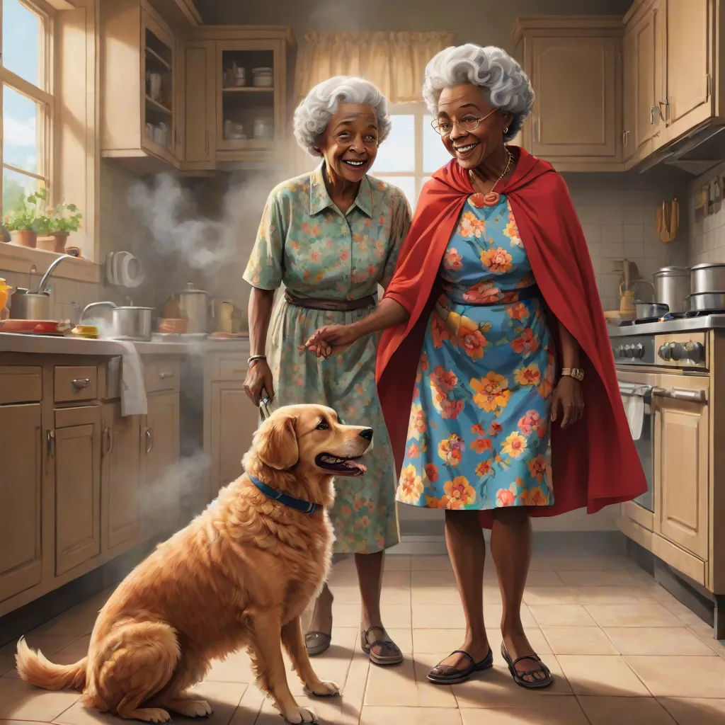 a painting of two women and a dog in a kitchen with a stove and cabinets in the background and a dog sitting on the floor, Chris LaBrooy, american scene painting, a storybook illustration, highly detailed digital painting