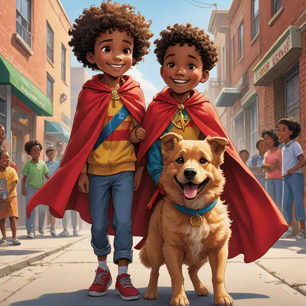 a couple of kids standing next to a dog on a street with a crowd of people behind them and a dog on the sidewalk, Chris LaBrooy, sots art, concept art, official art