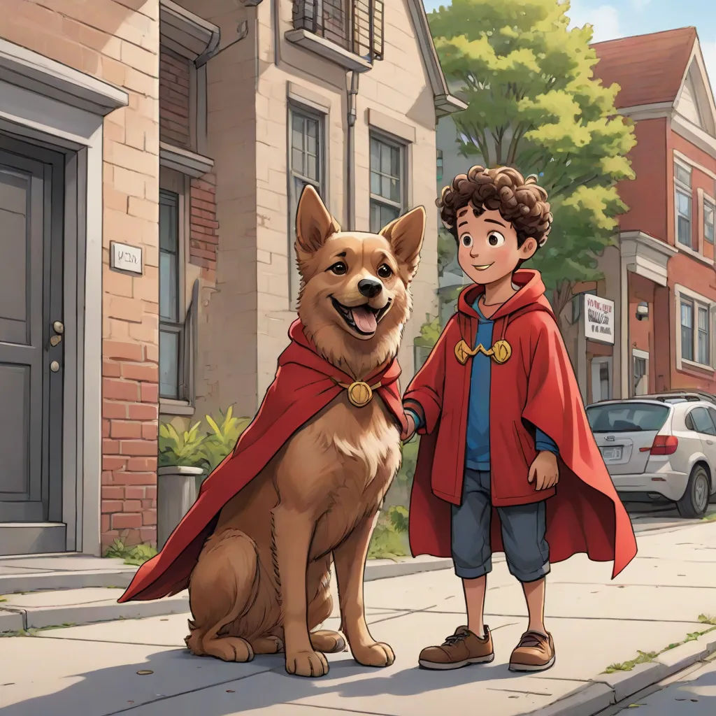 a boy and his dog are standing on the sidewalk in front of a brick building with a red cape, Chris LaBrooy, furry art, a storybook illustration, official art