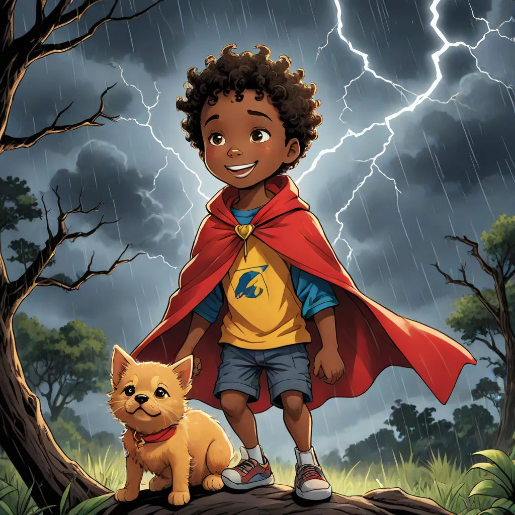 a boy in a cape standing on a tree stump with a dog under a storm cloud and lightning behind him, Everett Warner, afrofuturism, a storybook illustration, comic cover art