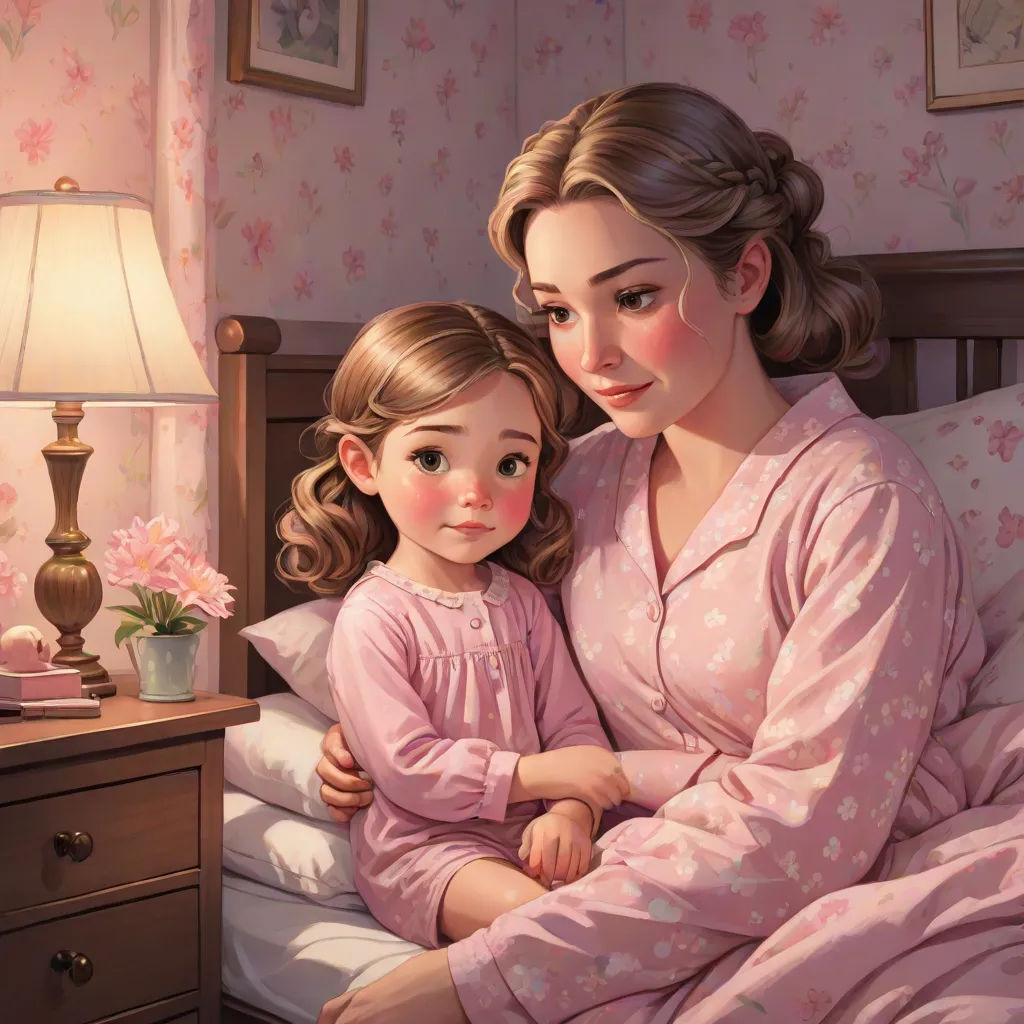 a painting of a mother and daughter in bed together, with a lamp on the nightstand behind them and a pink flowered wallpapered wall behind them, storybook illustration, remodernism, a storybook illustration, Caroline Lucy Scott