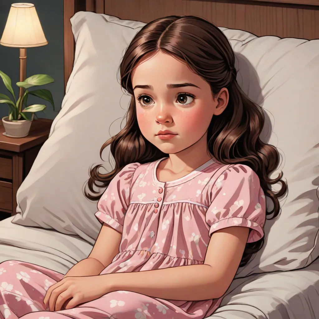a little girl sitting on a bed with a pillow and a lamp on the side of the bed behind her, storybook illustration, hyperrealism, a storybook illustration, Clarice Beckett