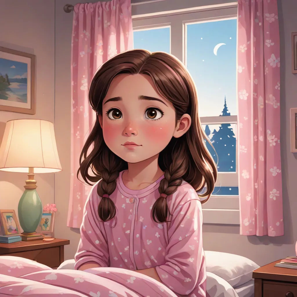 a girl sitting in bed looking out the window at the night time with a pink blanket on her bed, storybook illustration, magical realism, a storybook illustration, Clarice Beckett