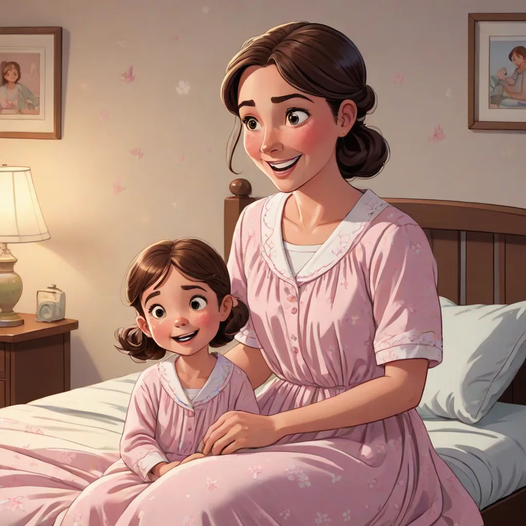 a woman and a child in a bed with a lamp on the side of the bed and a picture of a woman on the wall, storybook illustration, remodernism, a storybook illustration, disney