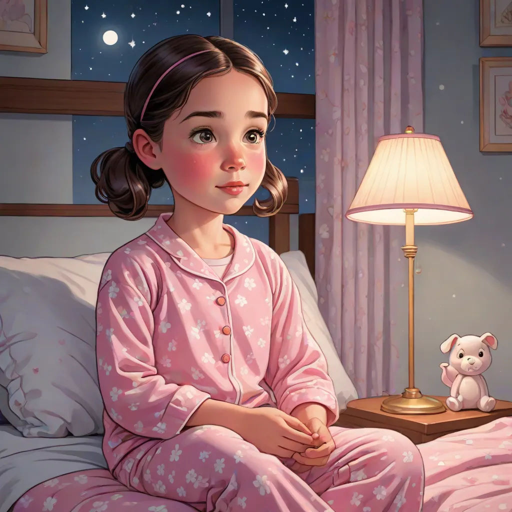 a girl in pajamas sitting on a bed next to a teddy bear and lamp in a bedroom with a pink wall, storybook illustration, figurative art, a storybook illustration, Bob Byerley