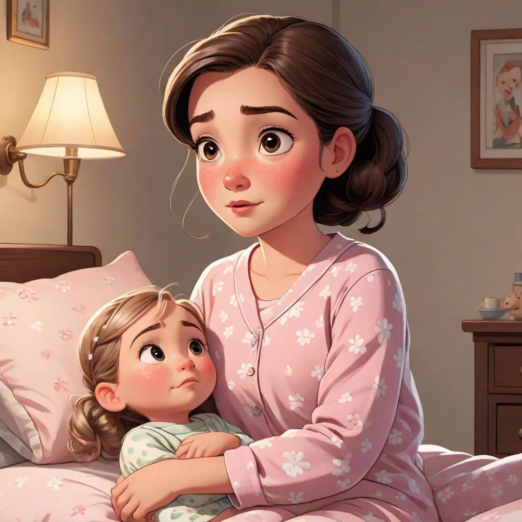 a woman and a child are sitting on a bed together, one is hugging the other is looking at the camera, storybook illustration, sots art, a storybook illustration, disney