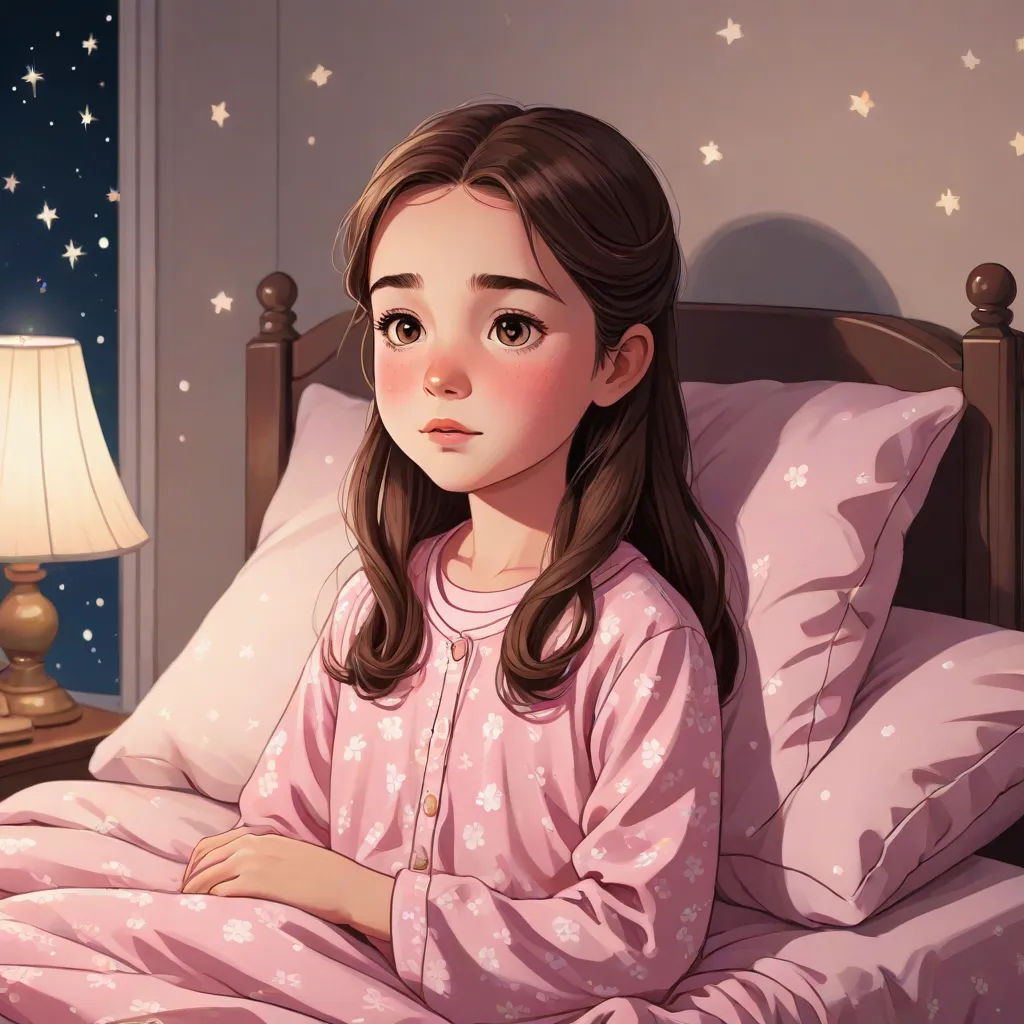 a girl in a pink pajamas sitting on a bed with a night light on the nightstand and a night lamp on the nightstand, storybook illustration, space art, a storybook illustration, Clarice Beckett
