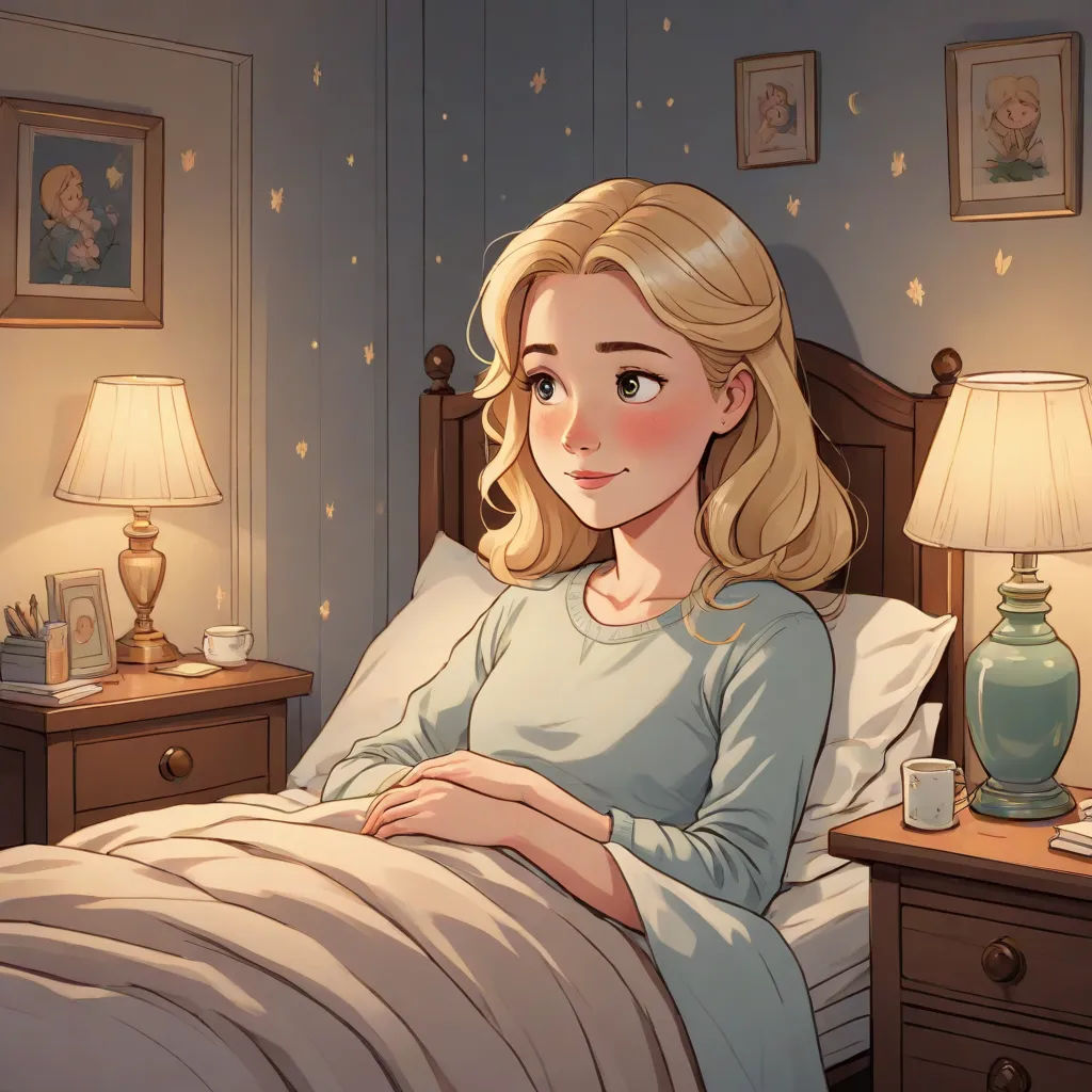 a woman laying in bed with a lamp on the side of the bed and a night stand next to her, rossdraws global illumination, remodernism, a storybook illustration, Evgeny Lushpin