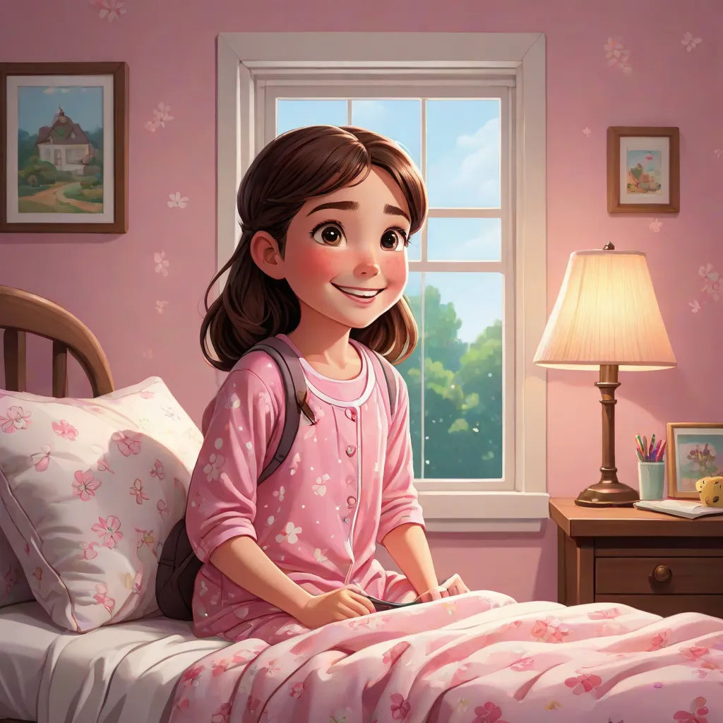 a girl sitting on a bed in a pink room with a window and a lamp on the side of the bed, storybook illustration, american scene painting, a storybook illustration, Bob Byerley