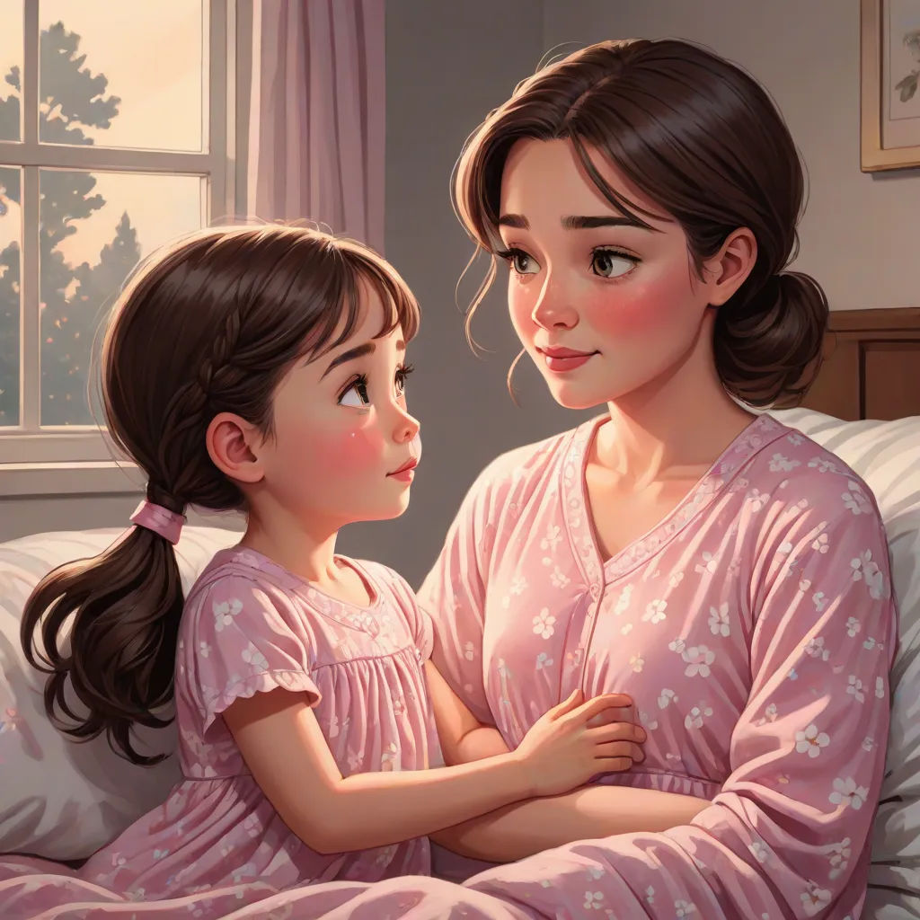 a painting of a mother and daughter in bed looking at each other with a window behind them and a painting of a tree outside, storybook illustration, remodernism, a storybook illustration, disney