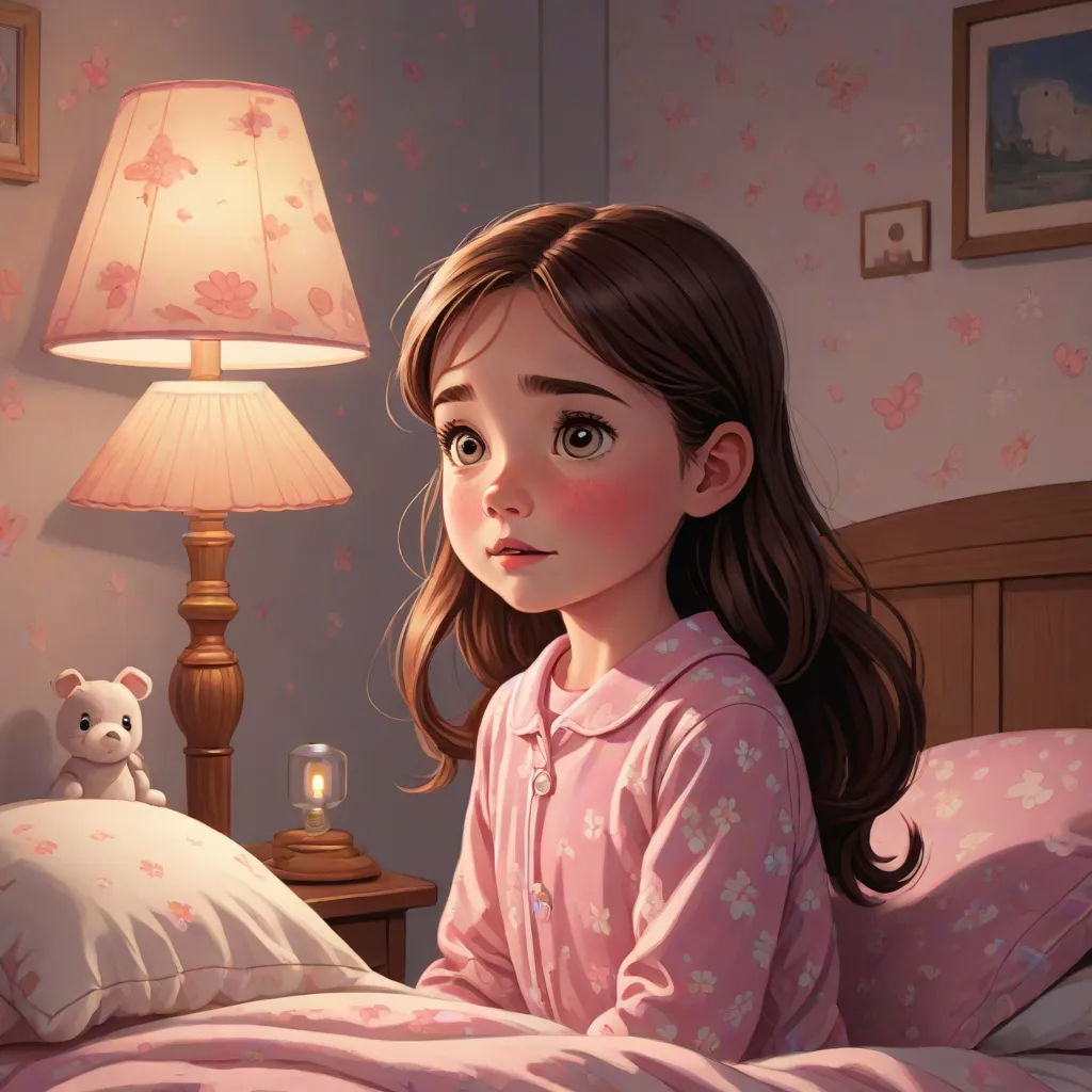 a girl sitting on a bed with a teddy bear next to her and a lamp on the side table, storybook illustration, shock art, a storybook illustration, Alejandro Burdisio