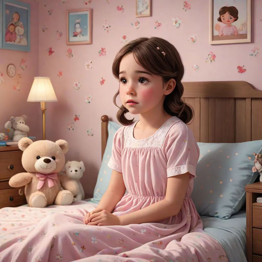 a little girl sitting on a bed with a teddy bear in her hand and a teddy bear on the bed, photoreal, photorealism, a photorealistic painting, Clarice Beckett